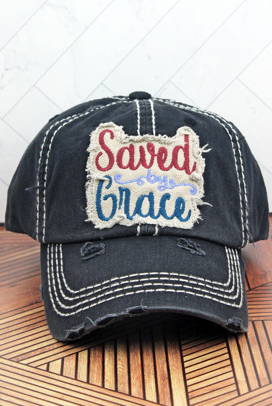 Distressed Black 'Saved By Grace' Hat