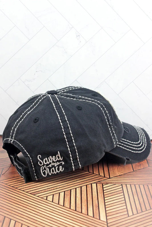 Distressed Black 'Saved By Grace' Hat