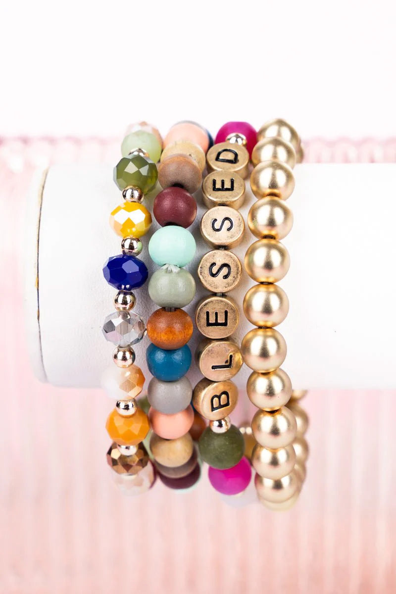 Goldtone Tiled Letter 'Blessed' Multi-Color Beaded Bracelet Set