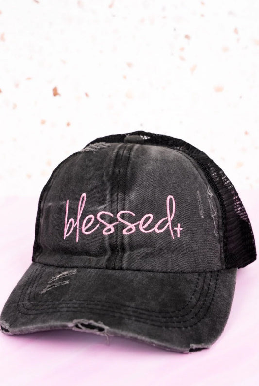 Distressed Black with Pink 'Blessed' Mesh Ponytail Cap