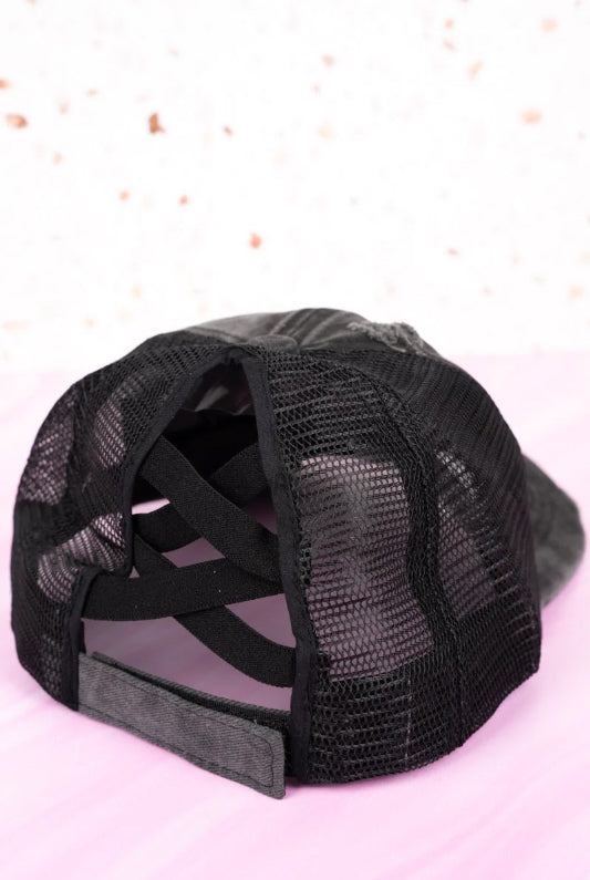 Distressed Black with Pink 'Blessed' Mesh Ponytail Cap