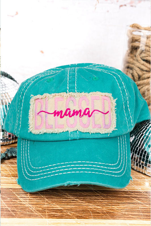 Distressed Turquoise 'Blessed Mama' Hat