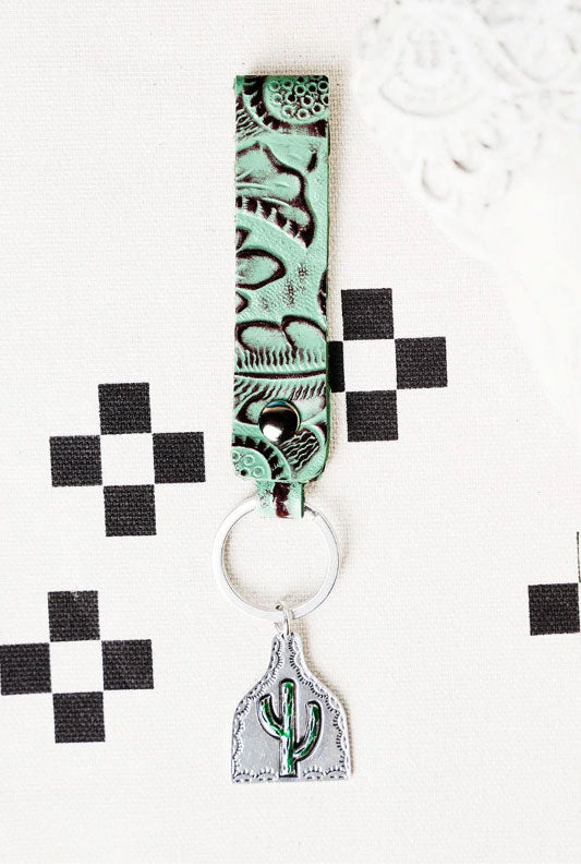 Embossed Cactus Turquiose Loop Cattle Tag Keychain