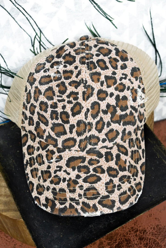 Distressed Leopard Mesh Ponytail Hat