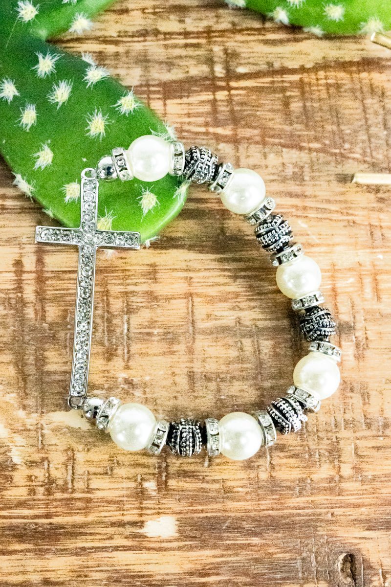 Crystal Cross Pearl and Antique Silvertone Bracelet