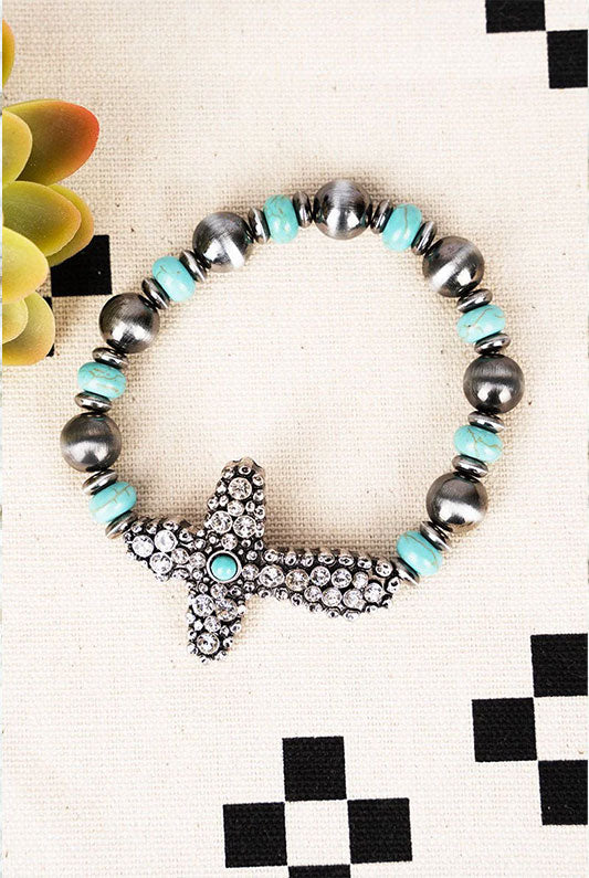 Turquoise and Crystal Cross Beaded Stretch Bracelet